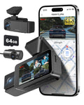 FitDVR 4K 3 Channel Dash Cam, 2160P+1080P+1080P Front and Rear Inside Car Camera with 64GB Card, WiFi Built-in GPS, 3“ IPS Screen, IR Night Vision (F3)