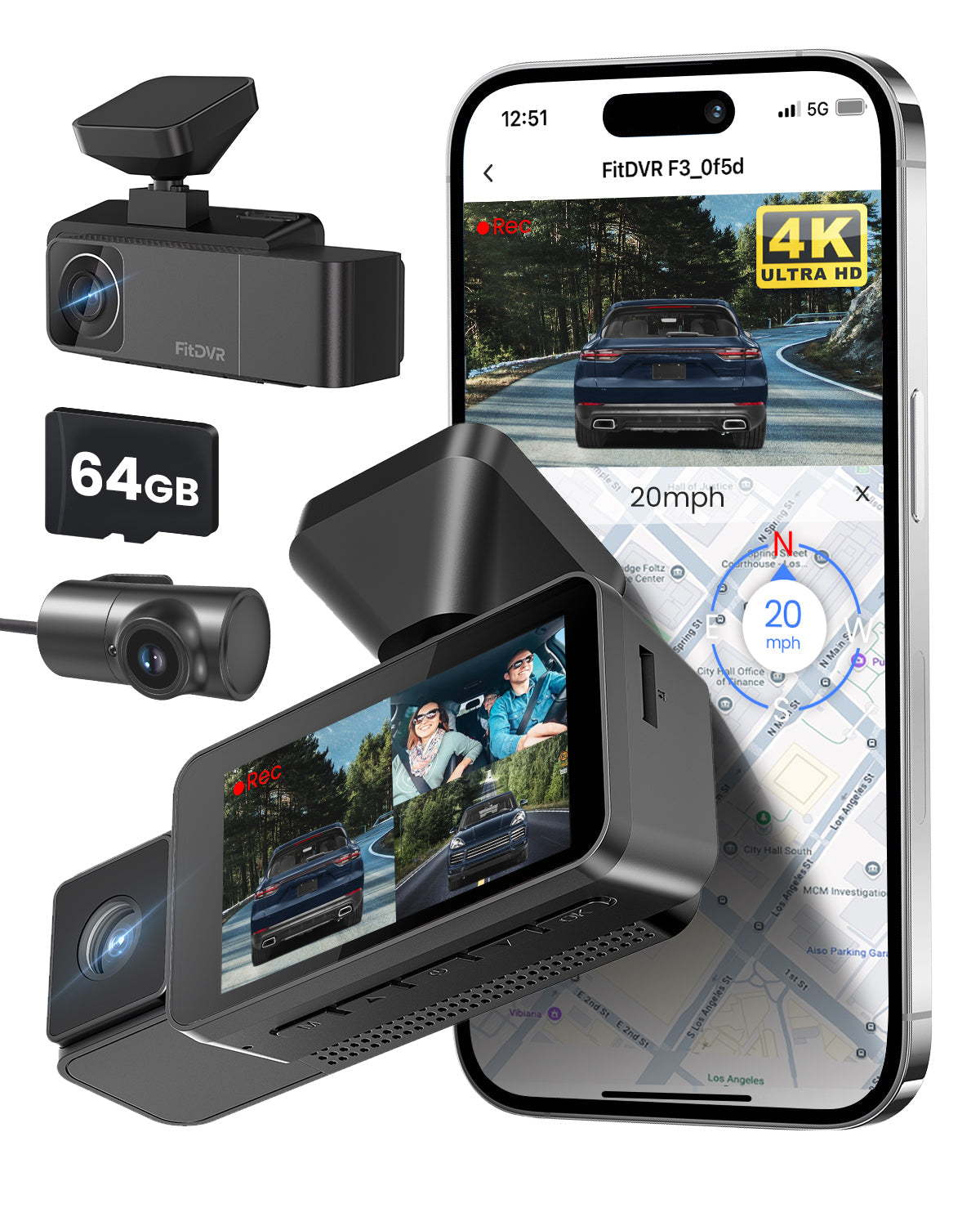 FitDVR 4K 3 Channel Dash Cam, 2160P+1080P+1080P Front and Rear Inside Car Camera with 64GB Card, WiFi Built-in GPS, 3“ IPS Screen, IR Night Vision (F3)