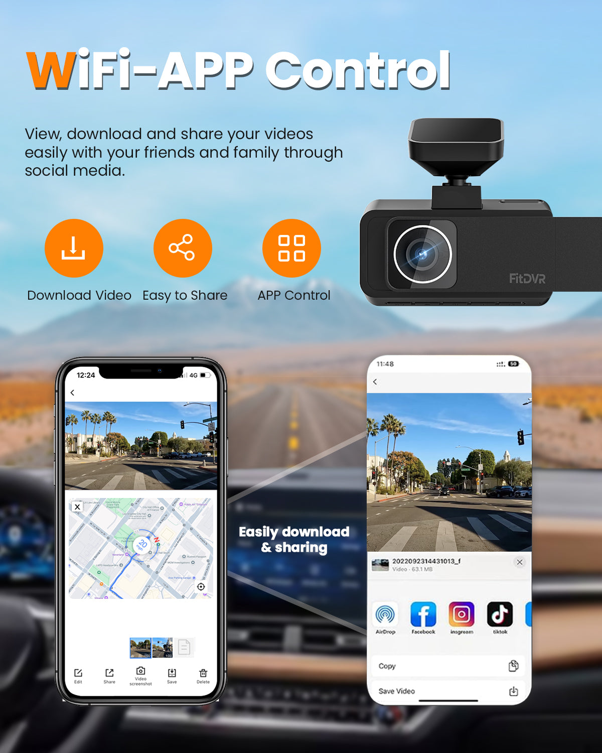 FitDVR 4K 3 Channel Dash Cam, 2160P+1080P+1080P Front and Rear Inside Car Camera with 64GB Card, WiFi Built-in GPS, 3“ IPS Screen, IR Night Vision (F3)