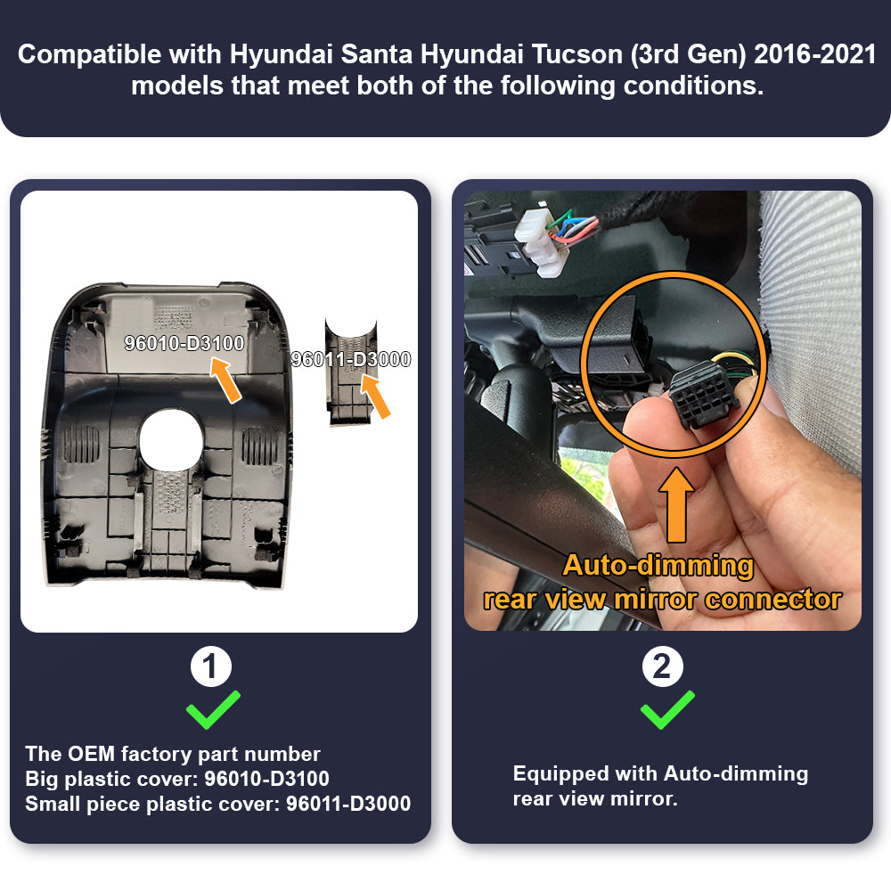 Fitcamx Dash Cam for Hyundai Tucson (3rd Gen) 2016-2021 (Rear Mirror Cover part number 96010-D3100)