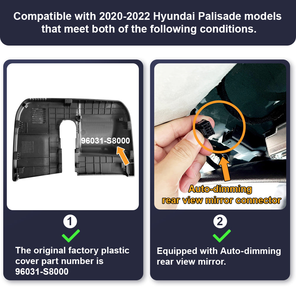 FITCAMX Dash Cam for 2020-2022 Hyundai Palisade (Rear Mirror Cover part number 96031-S8000)