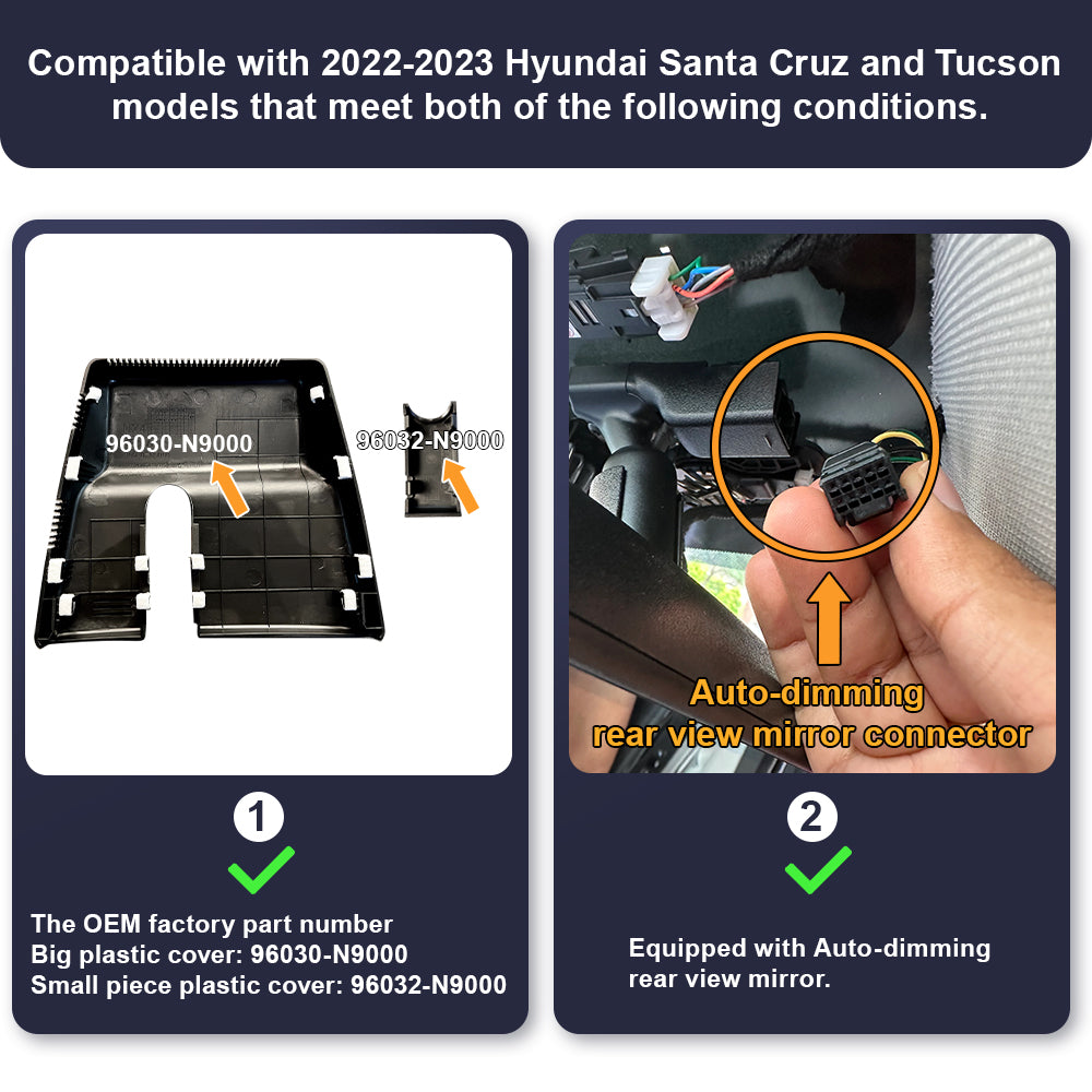 FITCAMX Dash Cam for Hyundai Santa Cruz and Hyundai Tucson 2022-2026 (Rear Mirror Cover part number 96030-N9000)