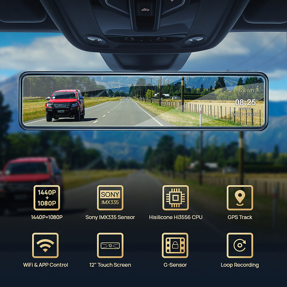 Fitcamx 12" LCD WiFi Mirror Dash Cam